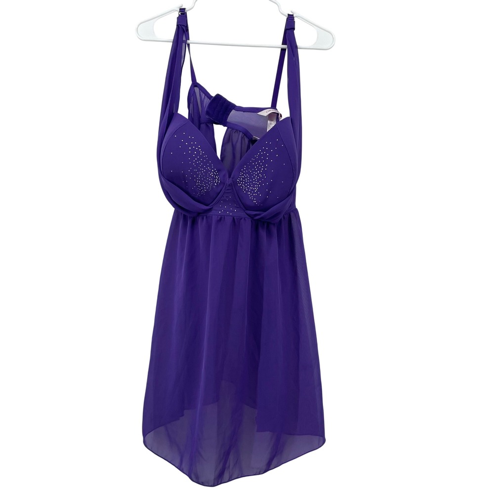 Cacique Women 26/28 Babydoll Lingerie Purple Rhinestone 2-Piece Set NWT 3X / 4X